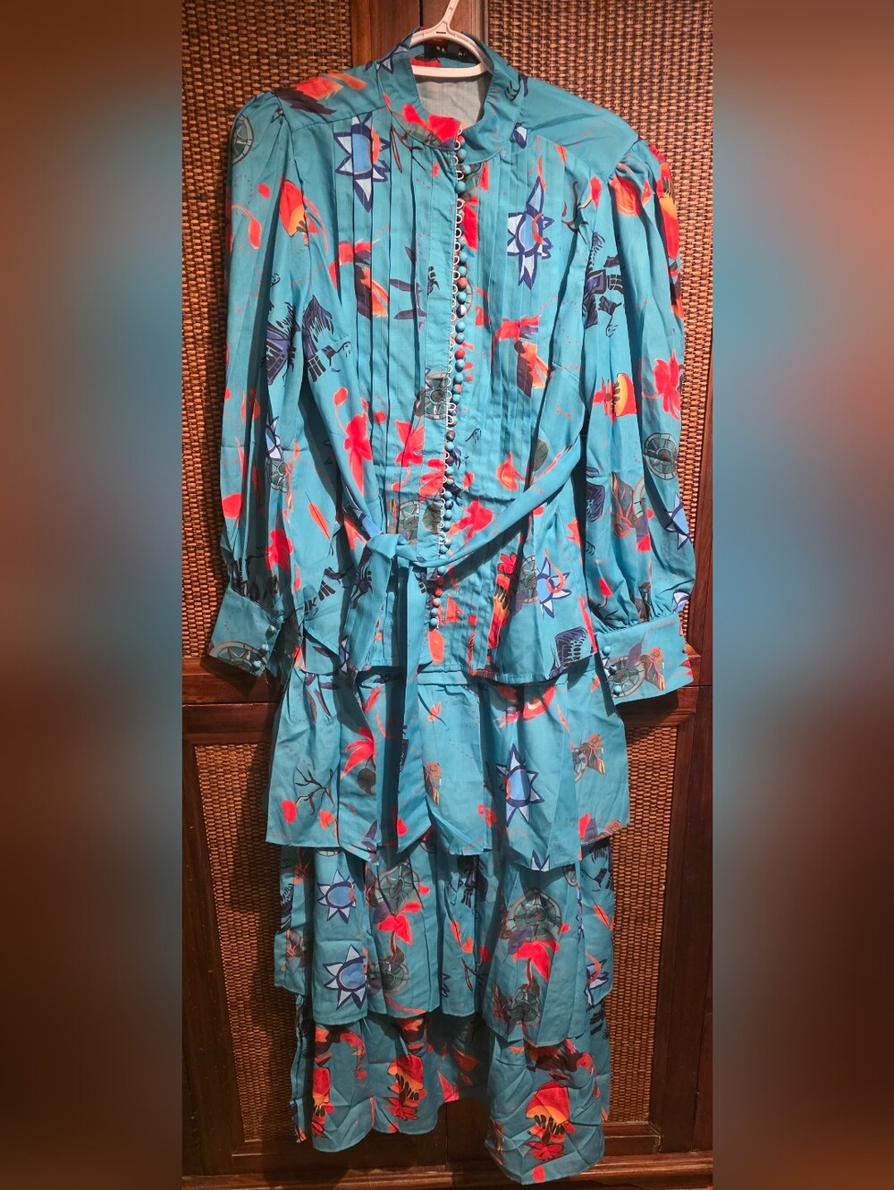 Beulah Teal Floral Tiered 2PC Set with Belt NWT Large PTP 20 Waist 15 - Picture 2 of 4